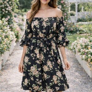 Blush Black Floral Off-Shoulder Mini Dress